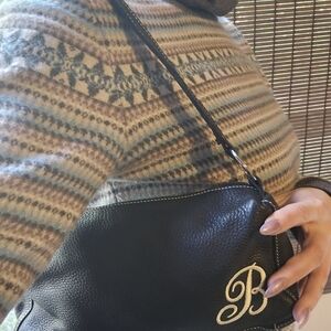 Roots Black Leather Shoulder Bag with Embroidered Detail